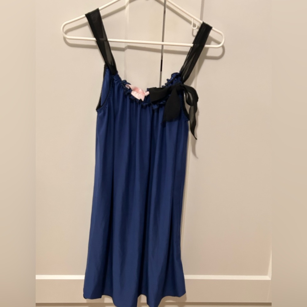 Blue Satin Nightgown with Black Ribbon Straps
